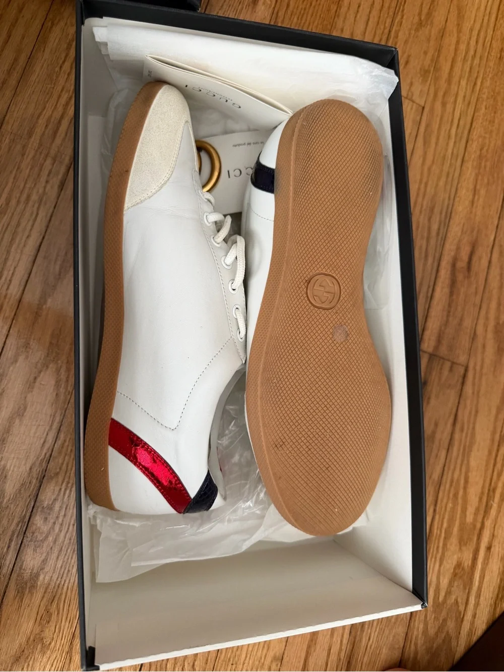 Gucci White Leather Sneakers with Navy and Red Accents
